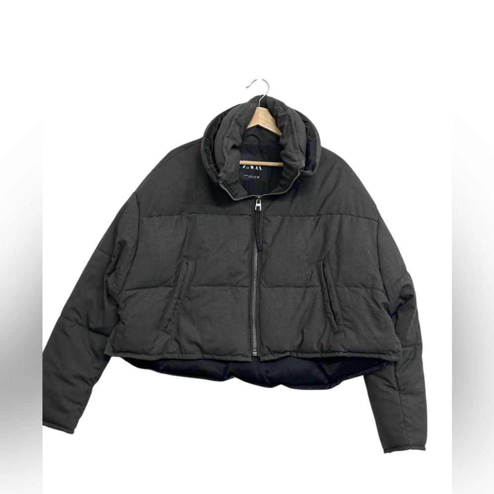 NEW Zara Contrasting High Neck Double Collar Puffer in Grey Size XS - Picture 8 of 16